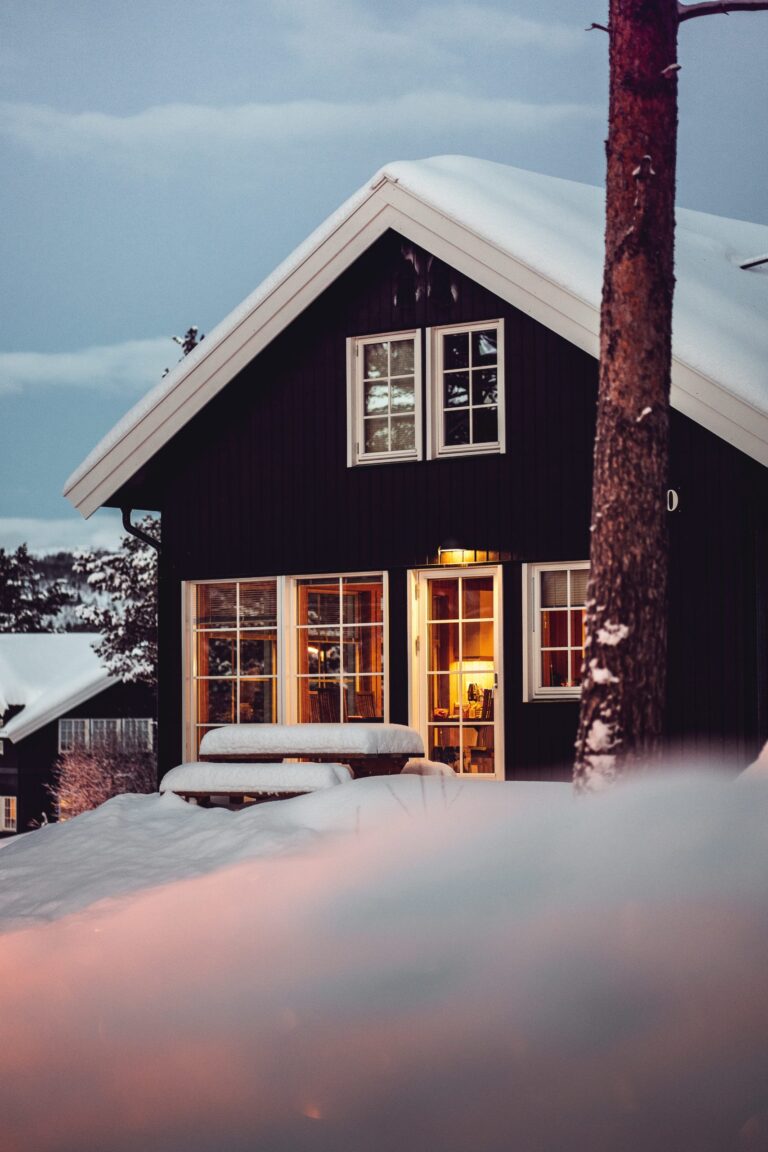 Mysig snötäckt fjällstuga