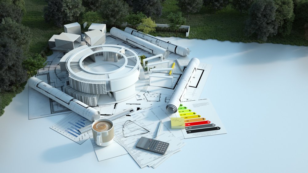 3D-renderad modern rund byggnad med ritningar och energigrafer och andra dokument