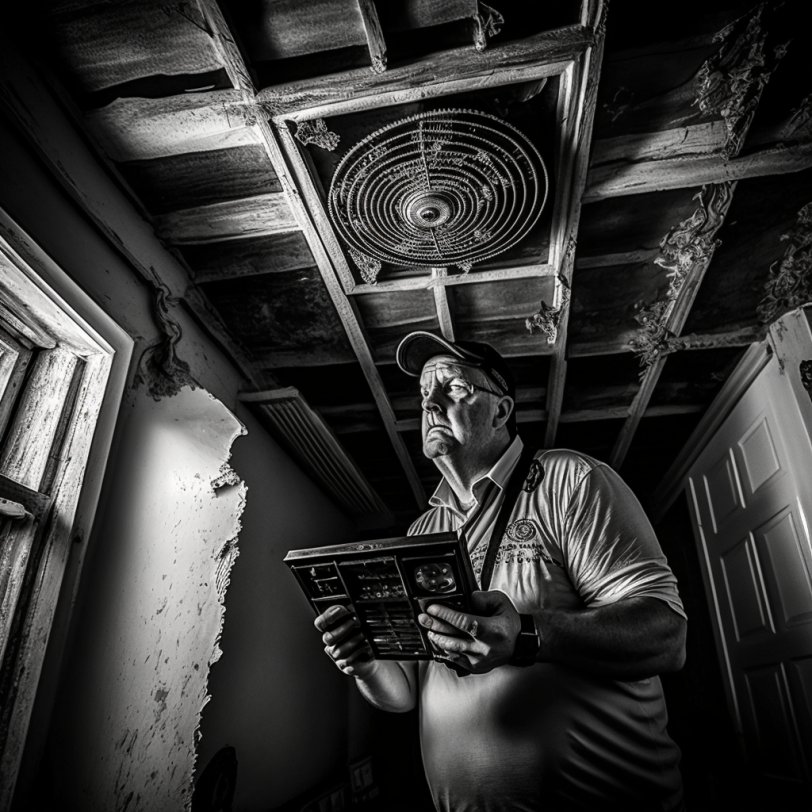 En OVK-besiktningsman kontrollerar ett gammalt hus